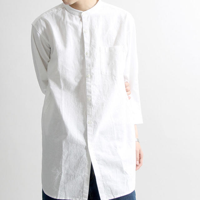 WEGO(ウィゴー)のノーカラーロングシャツ 7分袖 白L メンズのトップス(シャツ)の商品写真