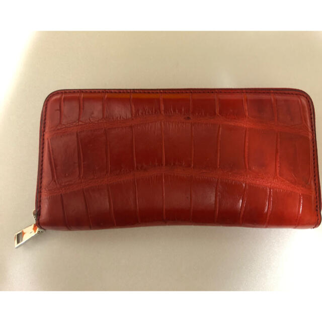 クロコダイル ラウンドファスナー長財布 一枚革 レッド ワニ革 - 長財布