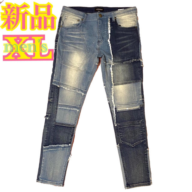 新品タグ付き☆パッチワーク　デザインデニムパンツ　XL メンズのパンツ(デニム/ジーンズ)の商品写真