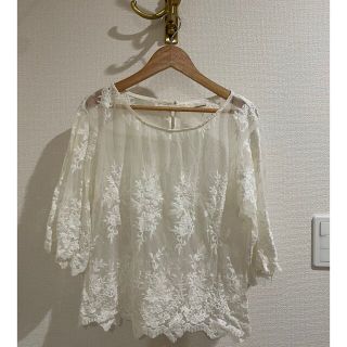 ミスティウーマン(mysty woman)の刺繍花柄 ブラウス　シースルー　ホワイト　レース(シャツ/ブラウス(長袖/七分))