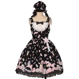 アンジェリックプリティー(Angelic Pretty)のDreamyベビールームジャンパースカート　ボンネットセット　黒(ひざ丈ワンピース)