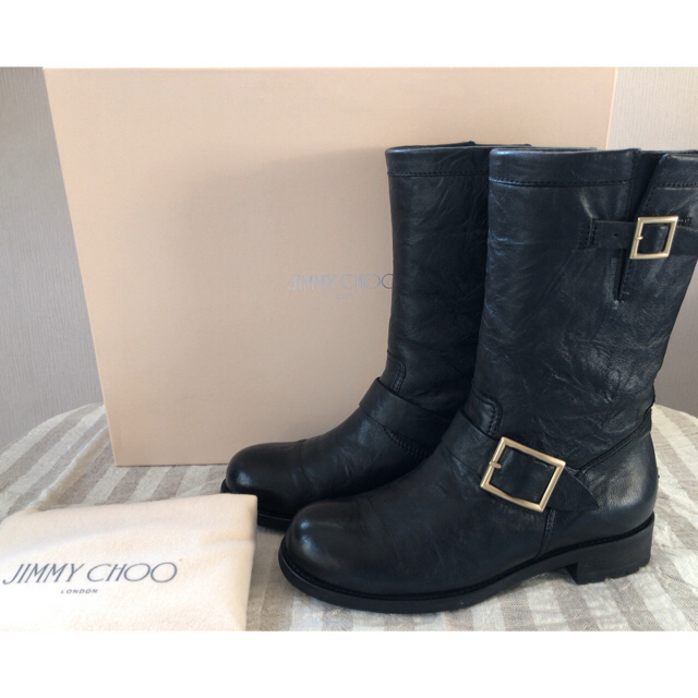 美品☆ジミーチュウJIMMY CHOO バイカーブーツ37 1/2 24.5 - ブーツ