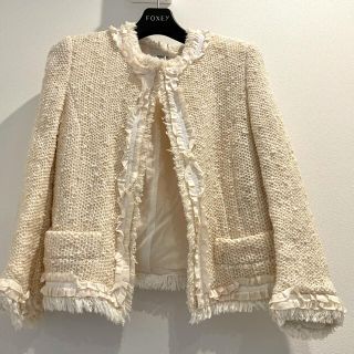 フォクシー(FOXEY)の★美品 FOXEY フォクシー ツイードノーカラージャケット ホワイト 40(ノーカラージャケット)