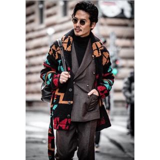 BEAMS F エスニックパターン ショールカラー ニットブルゾン カーディガン