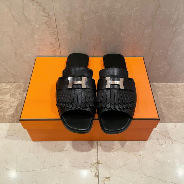 逸品】 Hermes - 黒 レザー サンダル Auteuil エルメス HERMES