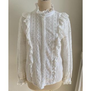 ????春先行????3349◆エスニック レトロ 柄 シフォン フリル ブラウス