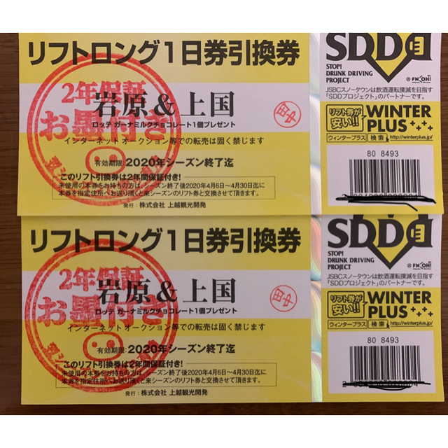 岩原スキー場 &上越国際スキー場 リフト券 ２枚 - スキー場