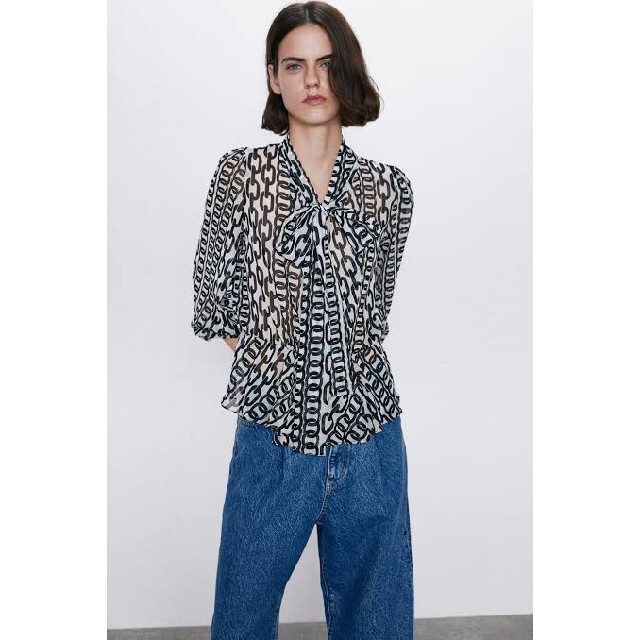 ZARA リボン付きプリント柄ブラウス 新品 【シャツ/ブラウス(七分/長袖)】