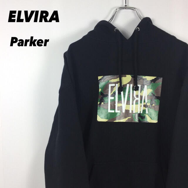 90s ELVIRA エルビラ パーカー デカロゴ  ビッグロゴ 黒 L