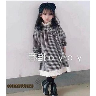 新品　チェック　格子柄　レース　ワンピース　女の子　100　韓国服　春　秋　子供(ワンピース)