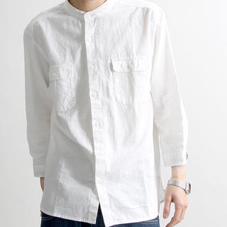 ウィゴー(WEGO)の綿麻バンドカラー7分袖シャツ 白L(シャツ)