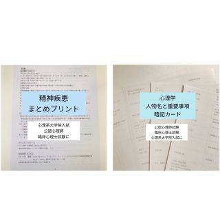 心理学人名暗記カード、精神疾患まとめプリントセット！ 臨床心理士、公認心理師試験(語学/参考書)