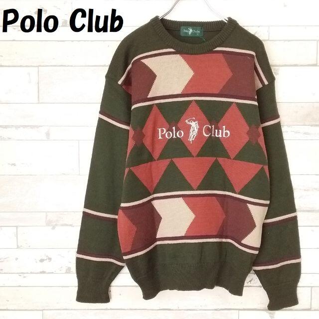 Polo Club(ポロクラブ)の【人気】ポロクラブ 刺繍ロゴ ダイヤ柄クルーネックニット グリーン系 サイズL メンズのトップス(ニット/セーター)の商品写真