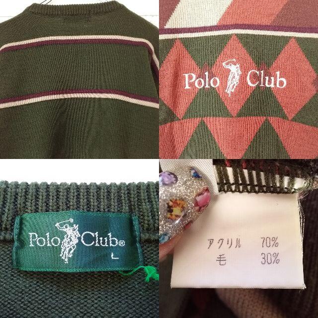 Polo Club(ポロクラブ)の【人気】ポロクラブ 刺繍ロゴ ダイヤ柄クルーネックニット グリーン系 サイズL メンズのトップス(ニット/セーター)の商品写真