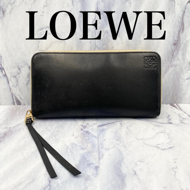 ロエベ☆LOEWE ラウンドファスナー 長財布 ブラック×アイボリー - www