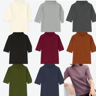 ユニクロ(UNIQLO)の【美品】ユニクロ 赤リブニットT(五分丈)(Tシャツ(半袖/袖なし))