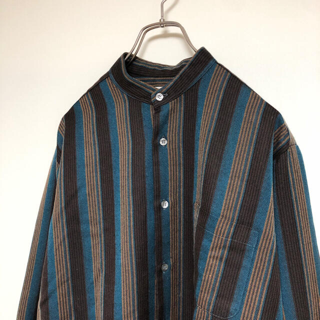 Band collar shirt stripe wool brown Blue メンズのトップス(シャツ)の商品写真