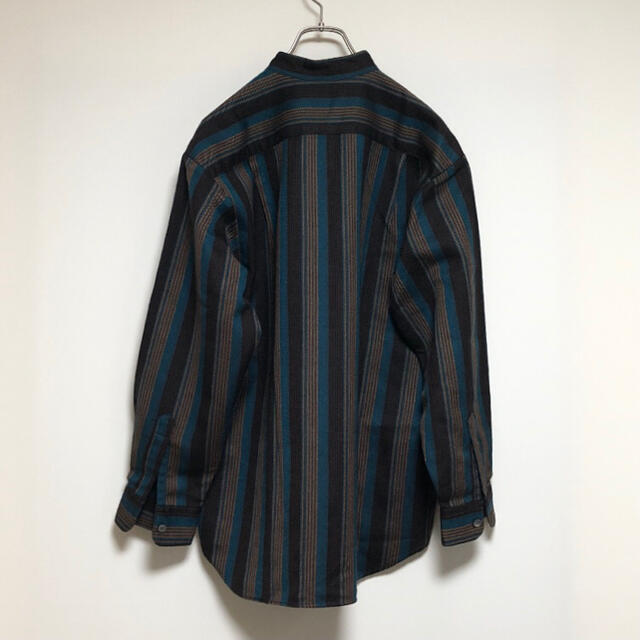 Band collar shirt stripe wool brown Blue メンズのトップス(シャツ)の商品写真