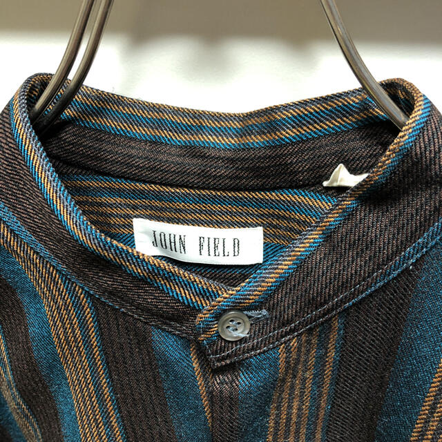 Band collar shirt stripe wool brown Blue メンズのトップス(シャツ)の商品写真