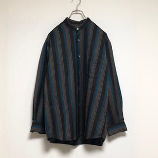 Band collar shirt stripe wool brown Blue(シャツ)