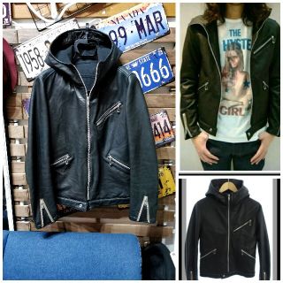 ヒステリックグラマー(HYSTERIC GLAMOUR)の★入手困難★ヒステリックグラマーラムレザーフーデットライダースジャケット　L(ライダースジャケット)