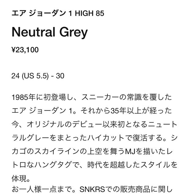 NIKE(ナイキ)のAIR JORDAN 1 HIGH85 Ｎeutral Grey メンズの靴/シューズ(スニーカー)の商品写真