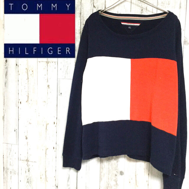 TOMMY HILFIGER(トミーヒルフィガー)の最終値段　トミーヒルフィガー　デカロゴ　ボートネック　ニット　ロンT アメカジ レディースのトップス(Tシャツ(長袖/七分))の商品写真