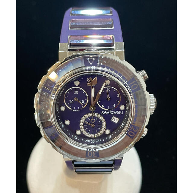 45mm横未使用★SWAROVSKI スワロフスキー腕時計クロノ　ラバー　紫パープル