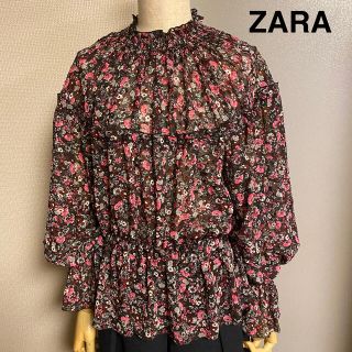 ザラ(ZARA)の【ZARA】ザラ　花柄プリント　フリル　シフォン　ブラウス(シャツ/ブラウス(長袖/七分))