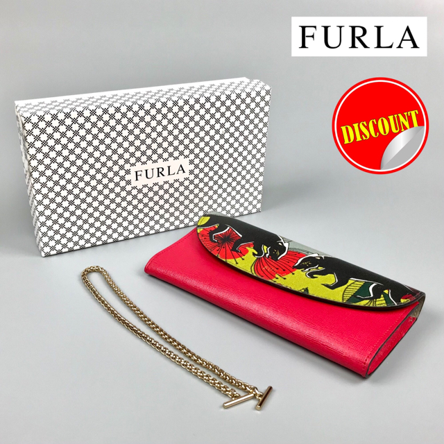 FURLA美品☆ビビッド アフリカン アニマル&ボタニカル柄 チェーン付き長財布