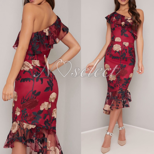 【専用】UK8 レッド フラワー刺繍 ワンショルダードレス ワンピース レディースのフォーマル/ドレス(ミディアムドレス)の商品写真