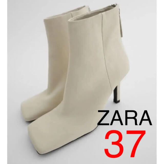 ZARA スクエアトゥハイヒールレザーブーツ 37 - ブーツ