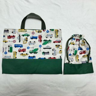 【sold out】車のレッスンバッグ緑と上履き入れセット　オーダーページ(バッグ/レッスンバッグ)