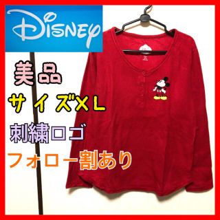 ディズニー(Disney)の極美品　ディズニー　ミッキー　レディース　ニット　セーター　刺繍ロゴ　赤　XL(ニット/セーター)