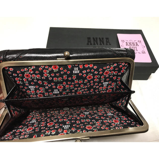 極美品　ANNA SUI  アナスイ　レザー　三つ折り財布　がま口　フラワー　黒