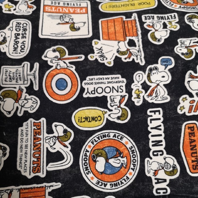 SNOOPY - スヌーピー 生地 帆布 飛行機 エコバッグ ブラック レトロ 約