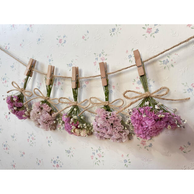 3種のピンクのバラとかすみ草のベージュピンクドライフラワーガーランド♡スワッグ♡ ハンドメイドのフラワー/ガーデン(ドライフラワー)の商品写真