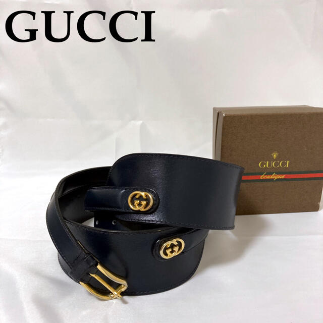 オールドグッチ OLD GUCCI ベルト レザー ネイビー ゴールド 【即納&大