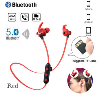 Bluetooth 5.0 イヤホン 両耳 ワイヤレス マイク TF無線　レッド(ヘッドフォン/イヤフォン)