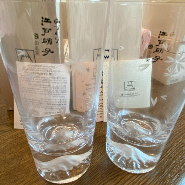 ≪新品≫  4個桜切子富士山グラス（木箱入）／ 田島窯（田島硝子）