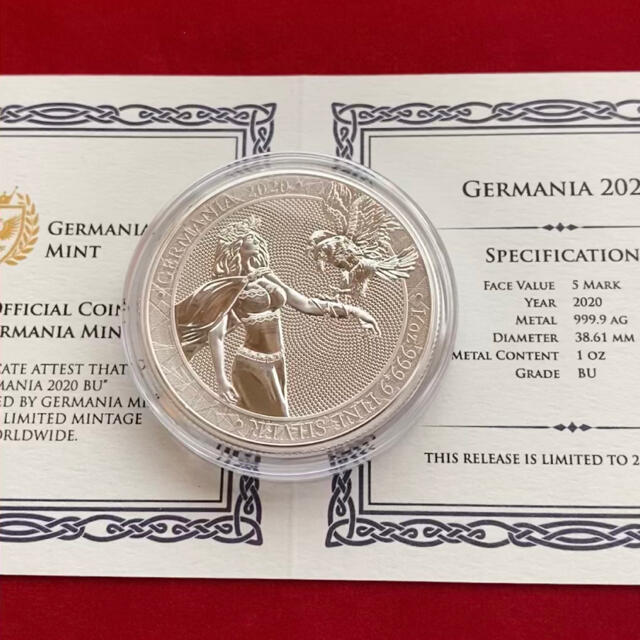 人気を誇る 銀貨　純銀　1オンス  新品 silver999 ドイツ 2020年 保証書付き 貨幣