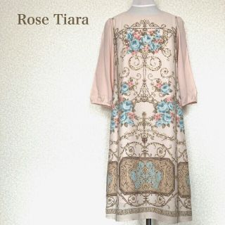 ローズティアラ(Rose Tiara)の美品 ローズティアラ ワンピース ダマスク柄 薔薇 バラ 花柄 ピンク 七分袖(ひざ丈ワンピース)