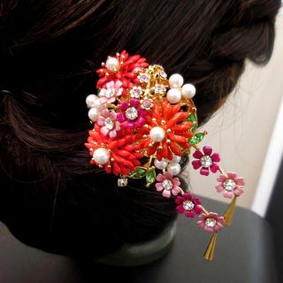 彫金かんざし(七宝焼風真っ赤な菊花)(ヘアピン)