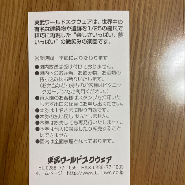 東武ワールドスクウェア　小人入園券1枚 チケットの施設利用券(遊園地/テーマパーク)の商品写真