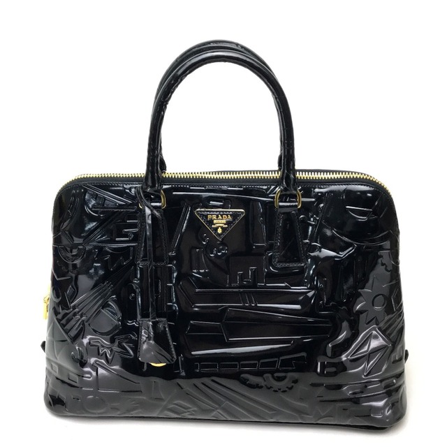 プラダ PRADA 限定モデル デザイン型押し BL0812 トートバッグ ハンドバッグ パテントレザー ブラック 美品