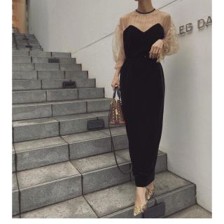 アメリヴィンテージ(Ameri VINTAGE)のameri vintage  TULLE SLEEVE TIGHT DRESS(ロングワンピース/マキシワンピース)