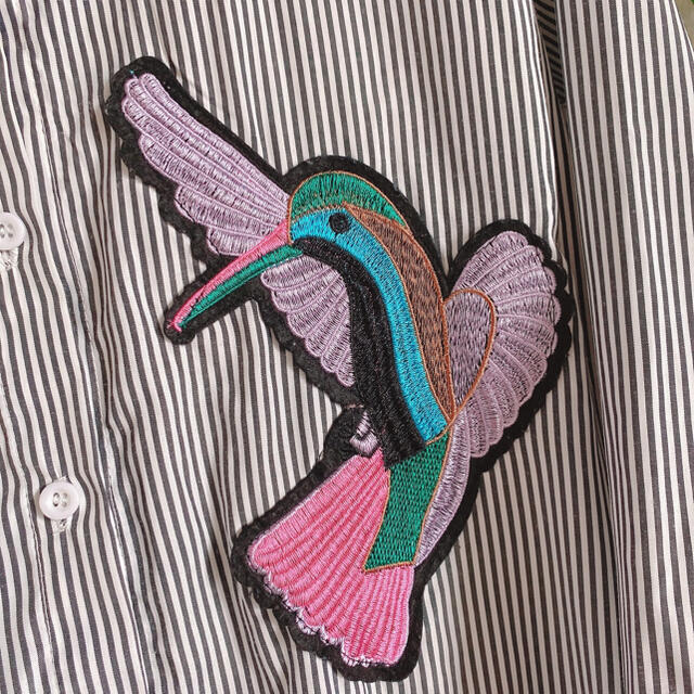 X&Y シャツワンピース　ブラウス　bird 鳥　ストライプ レディースのトップス(シャツ/ブラウス(長袖/七分))の商品写真