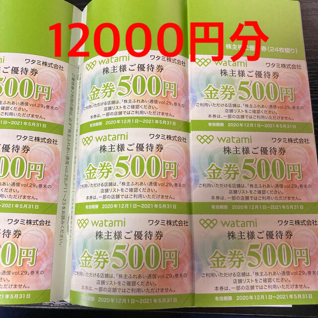 ワタミ 株主優待 12000円分優待券/割引券