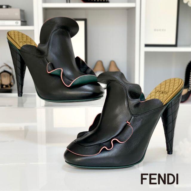 2236 未使用 FENDI フェンディ レザー ミュール サンダル ブラック