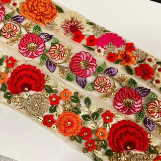 インド刺繍リボンセット 赤 オレンジ 花柄レース アンティーク レトロ 手芸素材(各種パーツ)